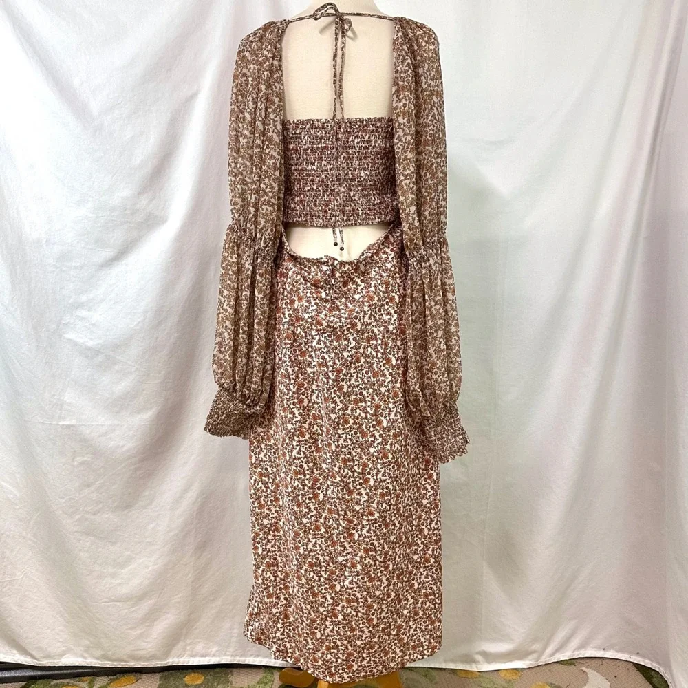 FREE PEOPLE Aglow Smocked Maxi Dress XL Orange Floral Tea Combo Cottage Prairie